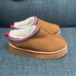 Cozy Brown Slip-On Slippers with Red Accents